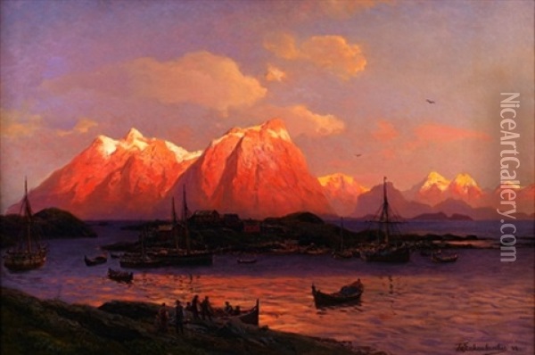 Coucher De Soleil A Svolvaer Dans L'archipel Des Lofoten, En Norvege Oil Painting - Karl Paul Themistocles von Eckenbrecher