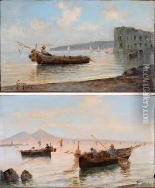 Marina Di Napoli Sullo Sfondo Delvesuvio Oil Painting - Francesco Saverio Torcia
