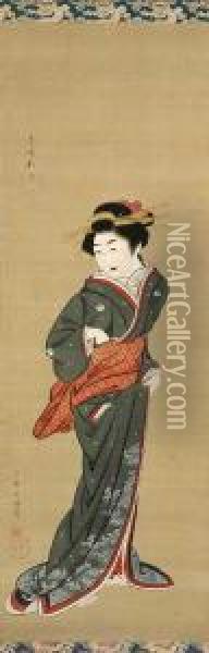 Standing Geisha Oil Painting - Gion Seitoku