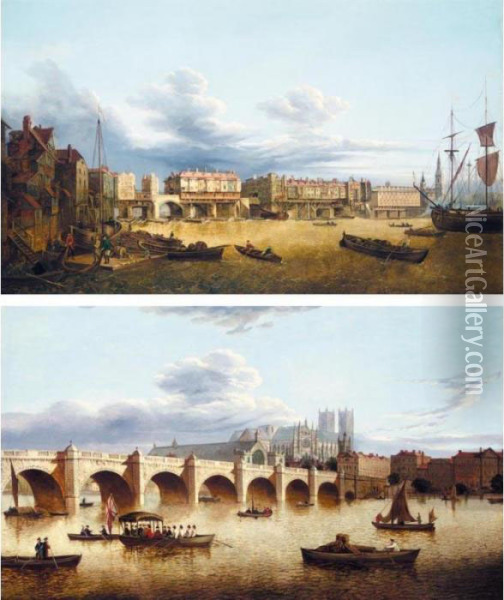 A View Of Westminster Bridge 
With The Lord Mayor's Barge In The Foreground And Westminster Abbey 
Beyond; And A View Of London Bridge Oil Painting - John Paul