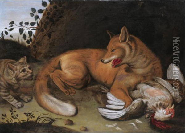 A Still Life With A Fox And A Cat Fighting Over A Chicken Oil Painting - Paul de Vos