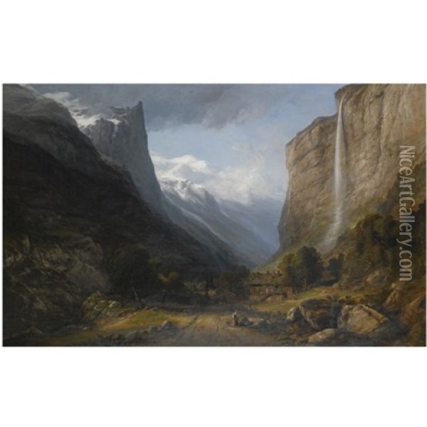 Fall Of Staubach Falls, Lauterbrunnet, Switzerland Oil Painting - Samuel Jackson