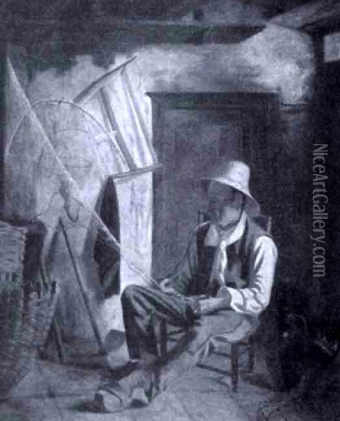 Man Mending A Fishing Net Oil Painting - Albert Sorcall
