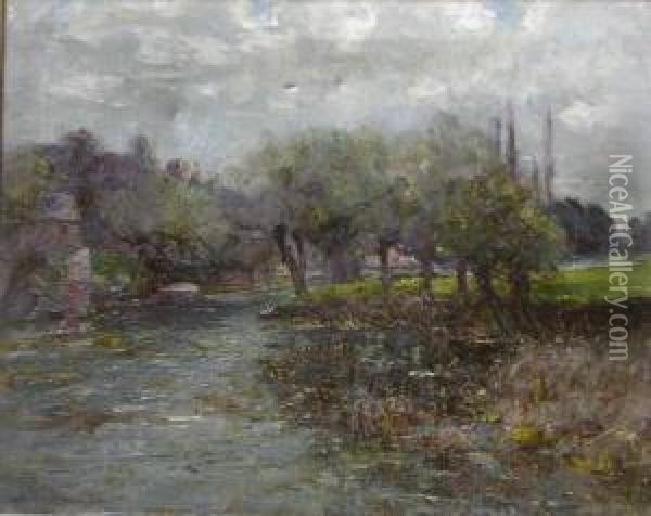 Willow Treeson The Banks Of A River Oil Painting - Joshua Anderson Hague