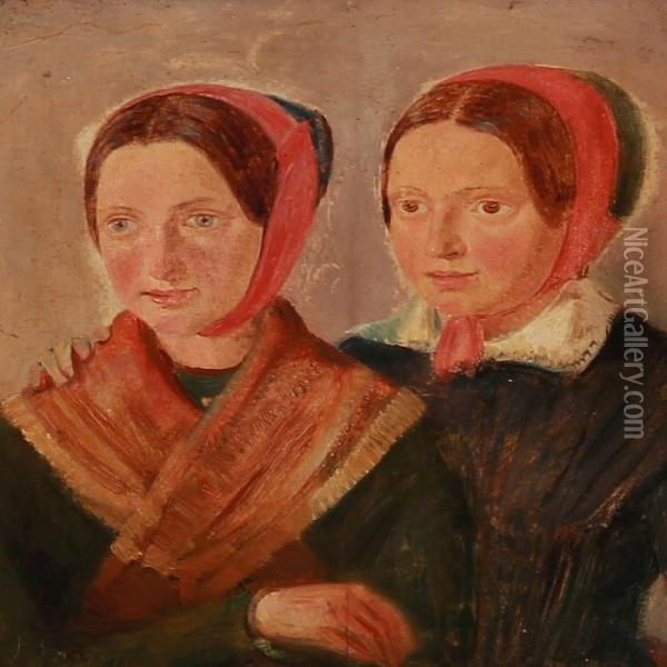 Two Girls In Folk Costumes Oil Painting - Jorgen Valentin Sonne