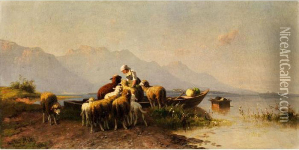 Junge Hirtin Im Kahn Am Ufer Einesoberbayerischen Bergsees (chiemsee) Oil Painting - Christian Friedrich Mali