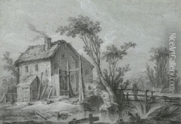 A Farmhouse And Fishermen By A Stream And On A Wooden Bridge Oil Painting - Jean-Baptiste Huet I