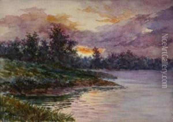 River Landscape At Sunset Oil Painting - Gaetano Capone