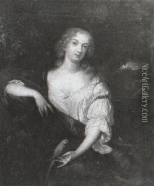 Portrait Of A Lady Wearing A White Chemise, Holding A Parrot Oil Painting - Caspar Netscher