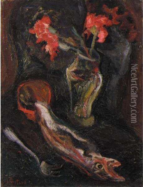 Fleurs Et Poisson Oil Painting - Chaim Soutine