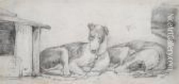 Two Dogs Lying Beside A Kennel Oil Painting - Karel Dujardin