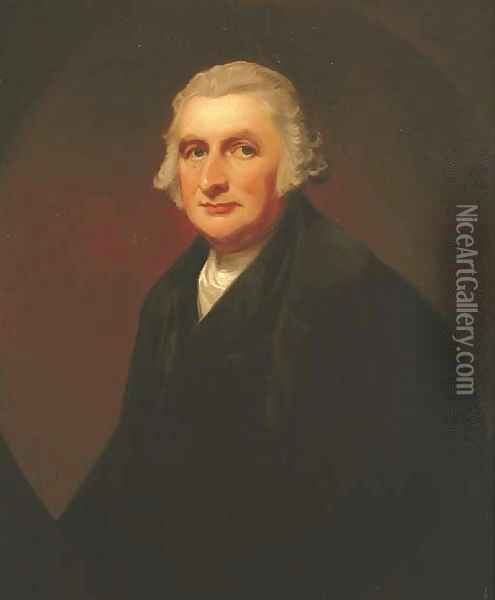 Portrait of James Farrer, Esq., half-length, in a black jacket, in a painted oval Oil Painting - George Romney