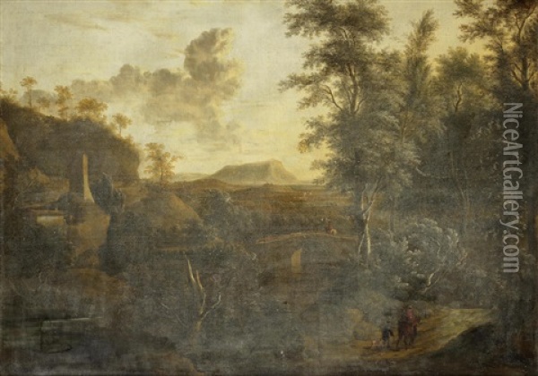 A Wooded Landscape With A Traveller On Horseback Crossing A Bridge Oil Painting - Frederick De Moucheron