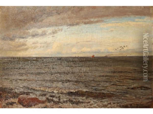 A Seascape With Boats In The Distance Oil Painting - Harold Wilhelm Jensen