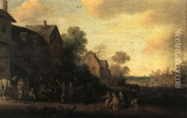 Villagers Seated Outside A Tavern Drinking Oil Painting - Joost Cornelisz. Droochsloot