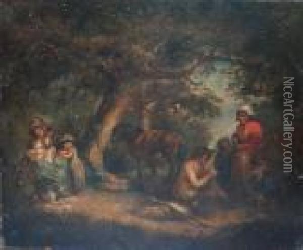 Countryfolk Resting In A Wood Oil Painting - George Morland