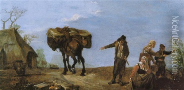Italian Peasants Picking Berries At A Roadside With A       Traveller Asking Directions, His Mule Running Away Oil Painting - Michelangelo Cerquozzi