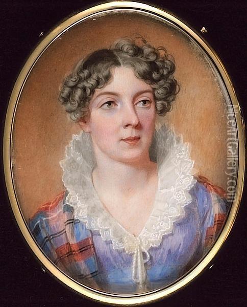 A Lady, Wearing Lilac-blue Dress With White Starched Collar Tied With Tassels And Tartan Shawl Over Her Shoulders, Her Brown Hair Curled. Oil Painting - William John Newton