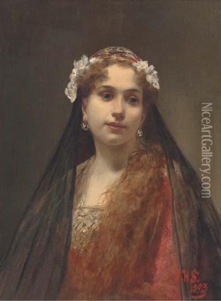 A Young Maiden Dressed In A Floral Veil Oil Painting - Alois Hans Schramm