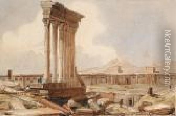 Colonnes Du Temple Jupiter A Baalbeck, Liban. Oil Painting - Ciceri, Eugene