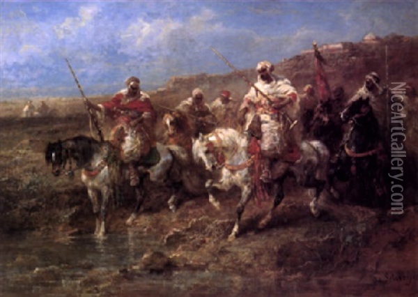 Arab Riders In A Landscape Oil Painting - Adolf Schreyer