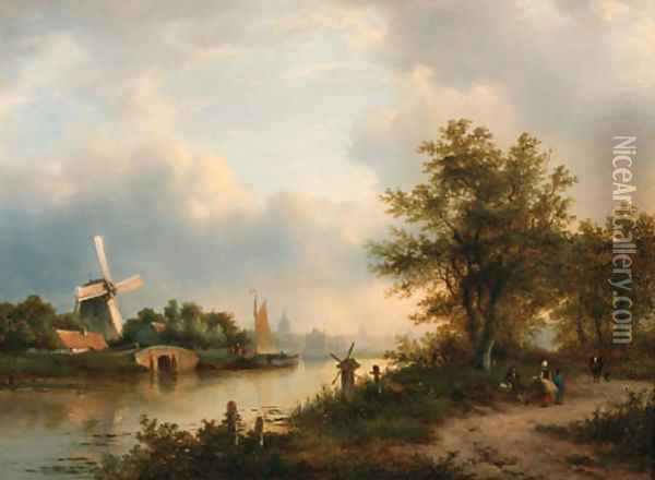 A river landscape in autumn with villagers on a path along the water, a town beyond Oil Painting - Lodewijk Johannes Kleijn