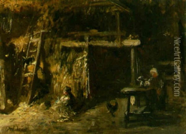 Figures Seated In A Barn Oil Painting - Jozef Israels