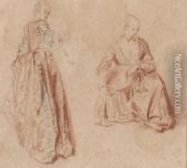 Studies Of Two Girls: One Seen 
From Behind Looking Over Her Rightshoulder, The Other Seated, Holding A 
Basket Oil Painting - Watteau, Jean Antoine