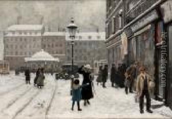 Figures In A Town Square In Winter Oil Painting - Paul-Gustave Fischer
