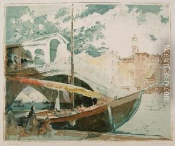 Venedig: Rialto Brucke Mit Ankerndem Boot Oil Painting - Paul Herrmann