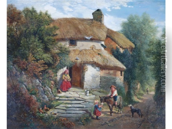 Thatched Cottage With Woman Feeding Chickens Oil Painting - Alexander Fraser the Younger