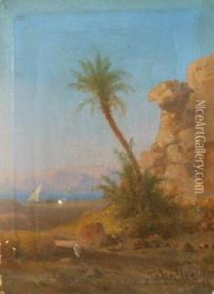 Nordafrikanische Landschaft Mit Palme Und Fluss Oil Painting - Bernard Fiedler
