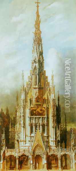 Gotische Grabkirche St Michael Turmfassade [Gothic Cemetary St Michaels Front Tower] Oil Painting - Hans Makart