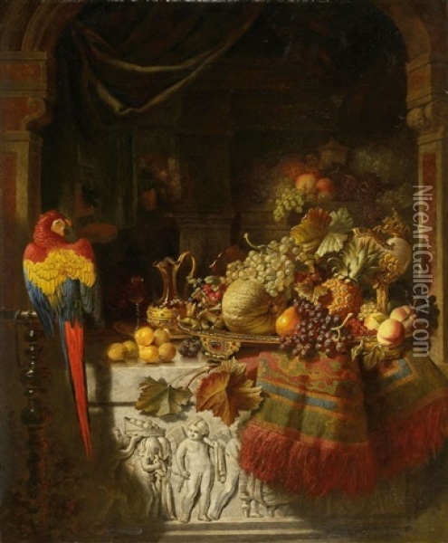 Fruchtestillleben Mit Papagei Oil Painting - George Lance