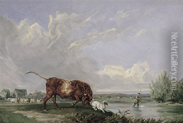 Stier Verfolgt Einen Jack-russell-terrier Oil Painting - Edmund Bristow