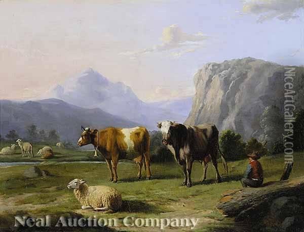 An Alpine Shepherd Amongst His Herd, With A Cow And Steer Oil Painting - Louis Pierre Verwee