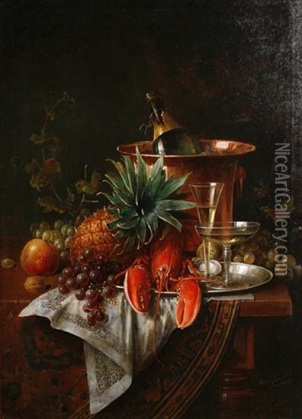 Still Life Of Champagne, Lobster And Fruit Oil Painting - Hans August Lassen