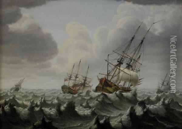 Sjoslag Mellan Den Svenska Och 
Engelska Flottan - Mojligen Orlogsskeppet Olands Strid 1704 Oil Painting - Johan Tietrich Schoultz
