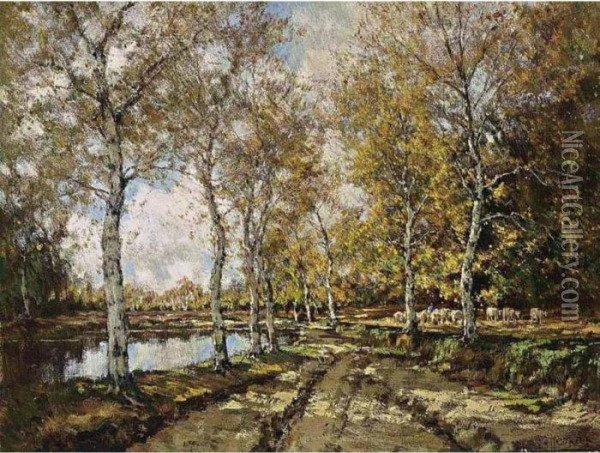 Sheep In A Sunny Autumn Landscape Oil Painting - Arnold Marc Gorter