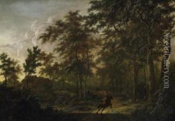 Large Summerly Forest Landscape With Hunters. Signed Bottom Right: P.v. Asch Oil Painting - Pieter Jansz. van Asch