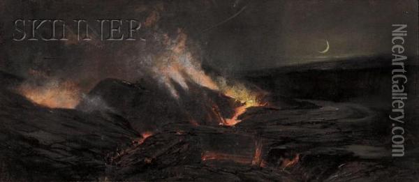 View Of A Volcanic Eruption, Probably Kilauea Caldera On Maunaloa Oil Painting - Charles Furneaux