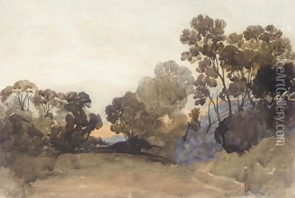 Wooded Landscape At Sunset Oil Painting - John Joseph Cotman
