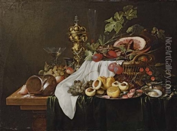 Shells, Shrimps, Peaches, A Wine Glass, A Pewter Tankard, A Silver-gilt Cup And Cover, Nectarines And A Lemon On A Pewter Plate Oil Painting - Jan Davidsz De Heem