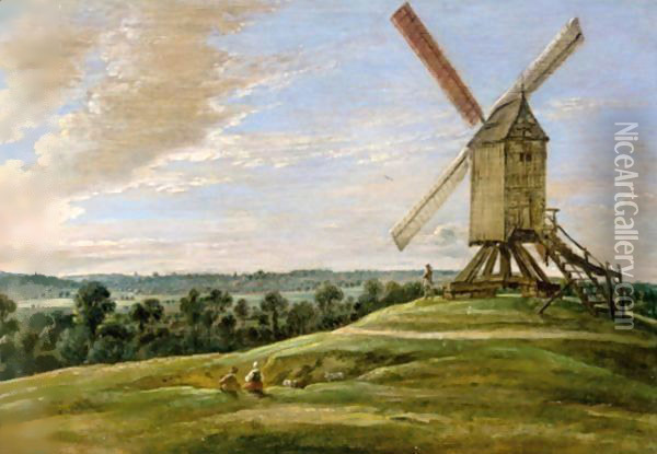 An Extensive Landscape With Shepherds And Their Flocks Beside A Windmill Oil Painting - Lucas Van Uden