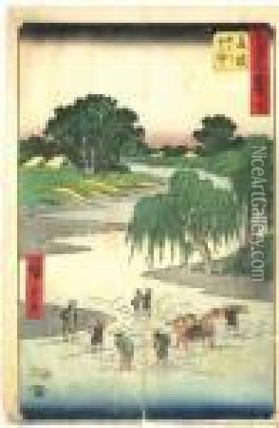 Voyageurs Passent Une Riviere A Gue Oil Painting - Utagawa or Ando Hiroshige