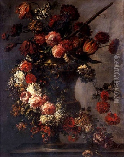 Nature Morte A La Guirlande De Fleurs Ornant Un Vase En Bronze Sculpte Sur Un Entablement Oil Painting - Jan-Baptiste Bosschaert