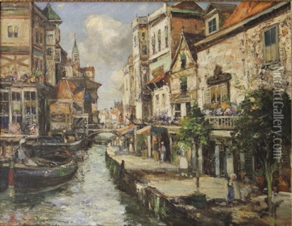 A Busy Canal, Bruges Oil Painting - James Kay