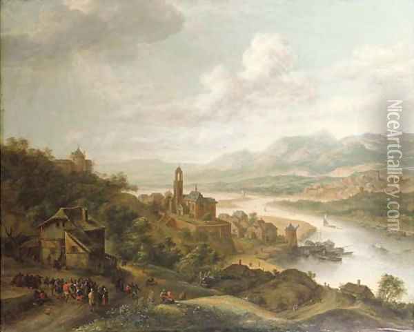 A Rhenish river landscape, with peasants dancing before an inn, a village with a church and shipping beyond Oil Painting - Robert Griffier