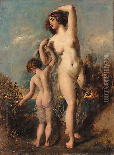 A woman and child in a lake landscape Oil Painting - William Etty