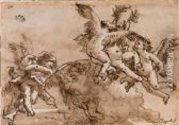 Blindfolded Cupid And Flying Putti Playing With A Laurelcrown
Signed 'domo. Tiepolo F' And Numbered '110' Oil Painting - Giovanni Domenico Tiepolo
